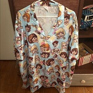 Playful Brady Bunch Cartoon Character Button Up Hawaiian Print Shirt